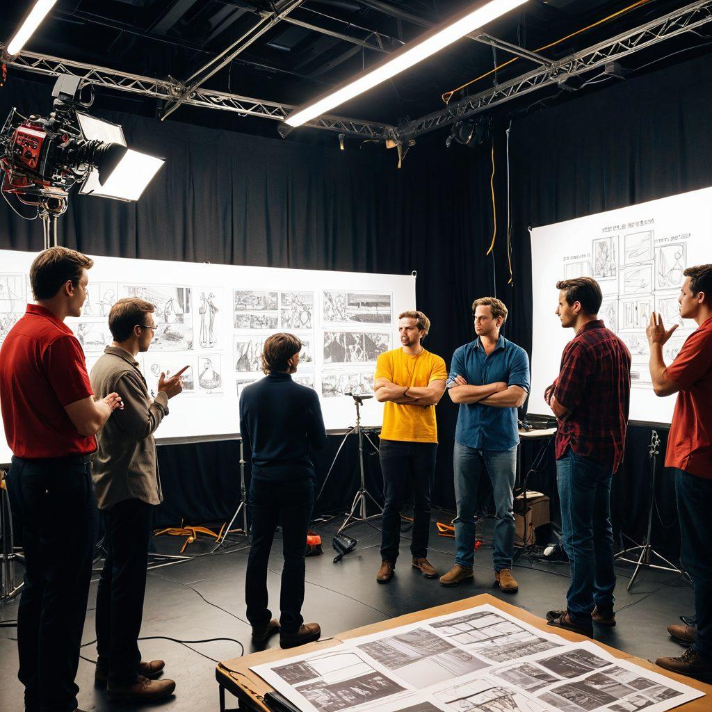 An expansive film set bustling with actors, crew members, and equipment, showcasing different stages of production from scripting to filming. Highlight a director discussing scenes with the cast, camera operators in action, and a storyboard visible nearby. Use a vibrant color palette to emphasize energy and creativity in filmmaking. super-realistic. vibrant colors.