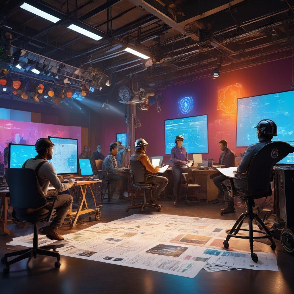 A cinematic scene showing a film production crew surrounded by various symbols of insurance, like shields and paper documents, with risk management elements like safety helmets and a director's chair. The background is a bustling film set with cameras and lights. Emphasize the idea of protection and safety in the film industry. vibrant colors. digital illustration.