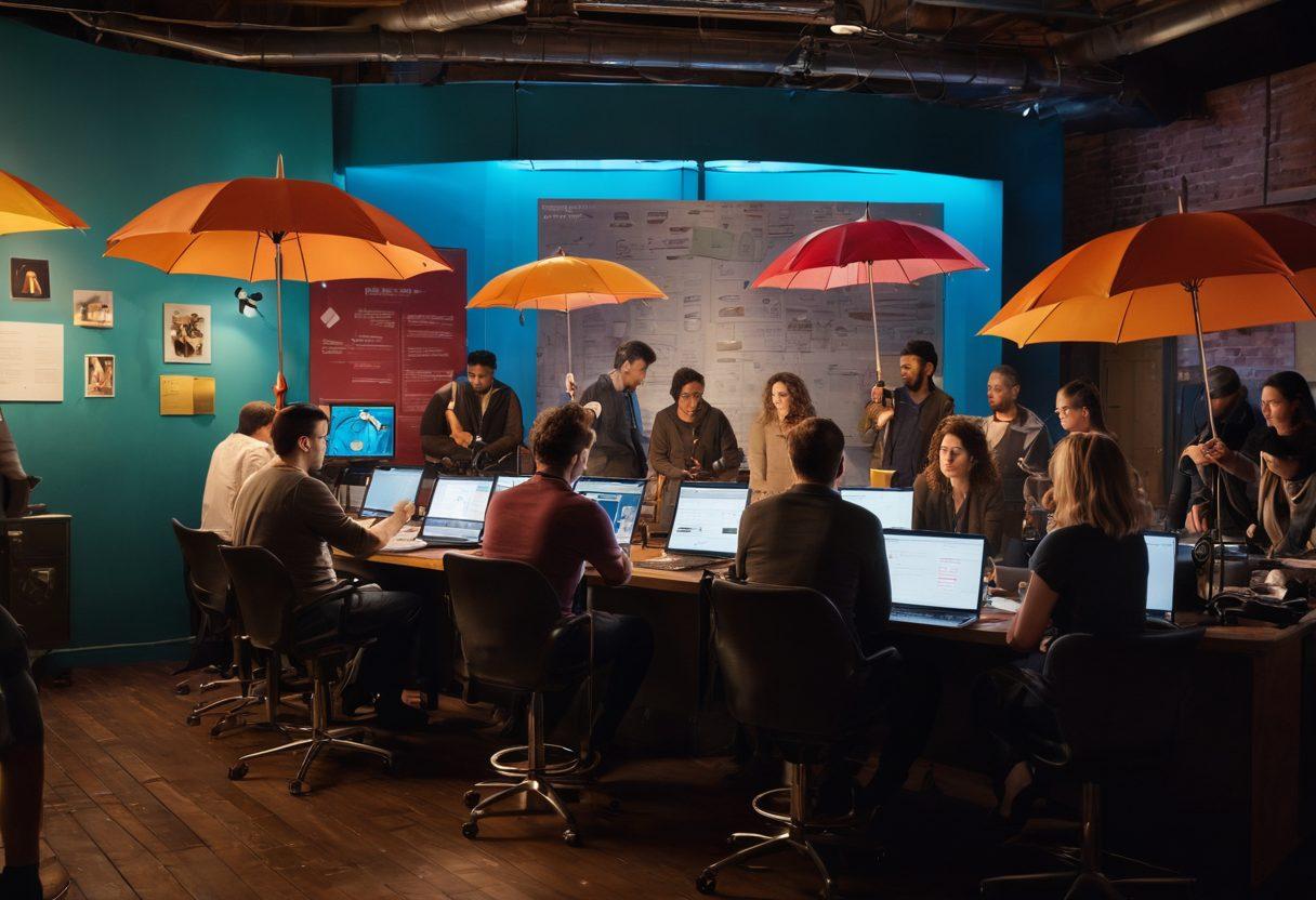 A dynamic scene depicting a diverse group of filmmakers on a vibrant film set, surrounded by cameras, lights, and equipment. One filmmaker is reviewing a policy document, while others discuss potential risks and safety measures, emphasizing teamwork and creativity. Overlay elements like icons of insurance symbols (e.g., umbrella, shield) subtly integrated into the background for thematic context. The atmosphere is energetic, reflecting the fast-paced nature of the entertainment industry. super-realistic. vibrant colors.